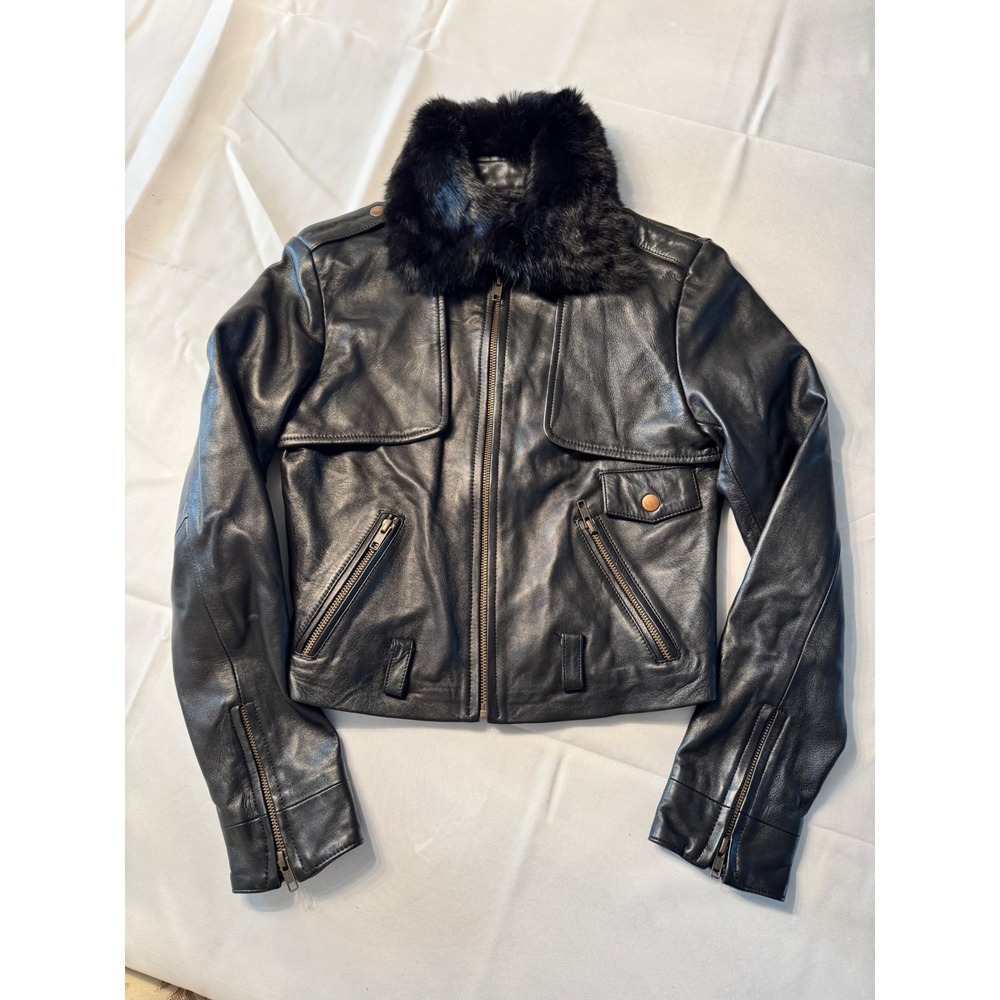 lorena saravia leather jacket, vintage. Removable faux fur bomber moto coat Sz S